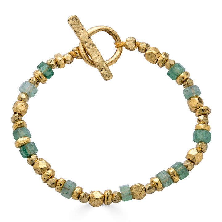 Green strawberry quartz and gold bead bracelet with textured organic gold beads and toggle clasp.