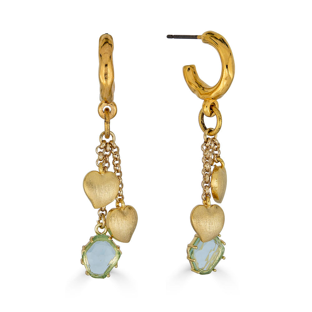 Gold drop earrings with brushed heart top and three dangling strands featuring smoky gem, crystal, and spike charms