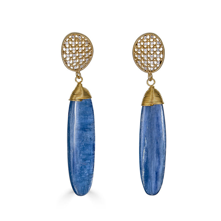 A kyanite dangle earring on an oval pave post