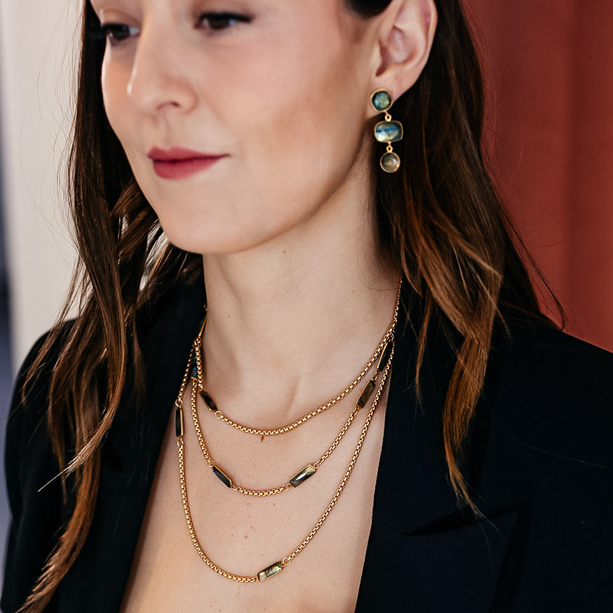 A model wearing A box chain necklace with baguette cut labradorite gemstones.