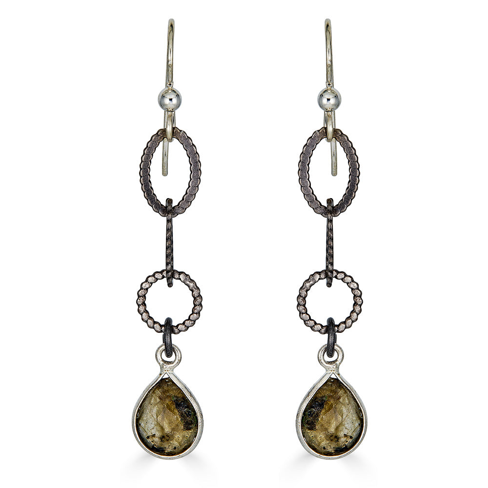 A pair of labradorite teardrop oval chain drop earrings.