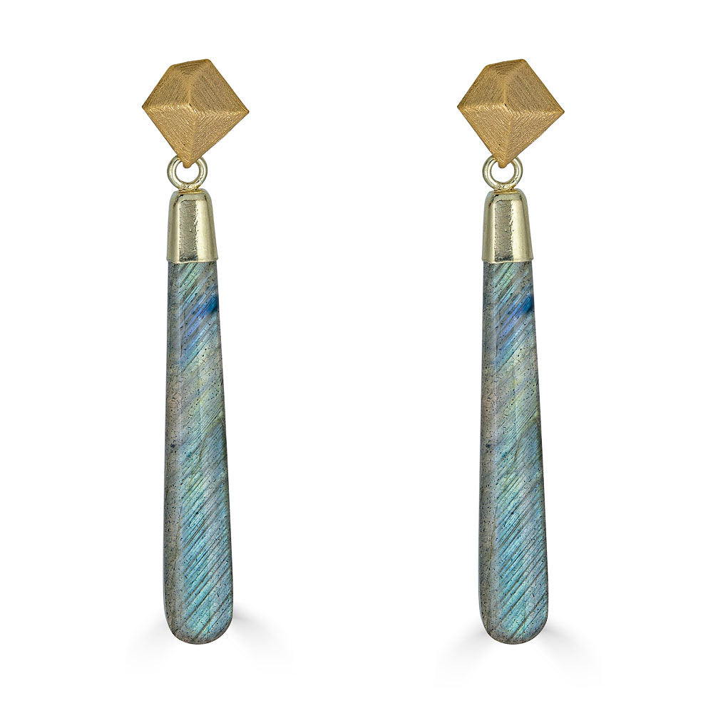 Long labradorite gemstone earrings with gold faceted post and tapered iridescent drops