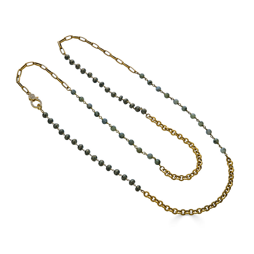 A long pyrite and labradorite gold necklace with pave clasp.