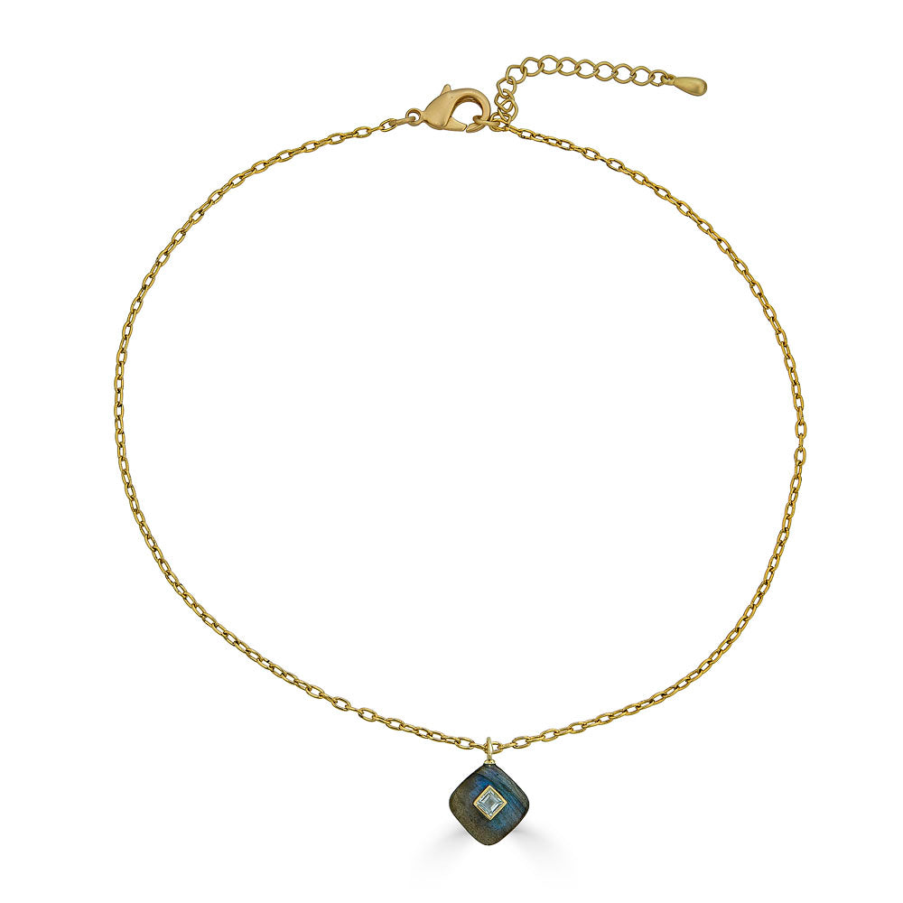 Labradorite pendant necklace with square white topaz inlay on a gold-plated chain.