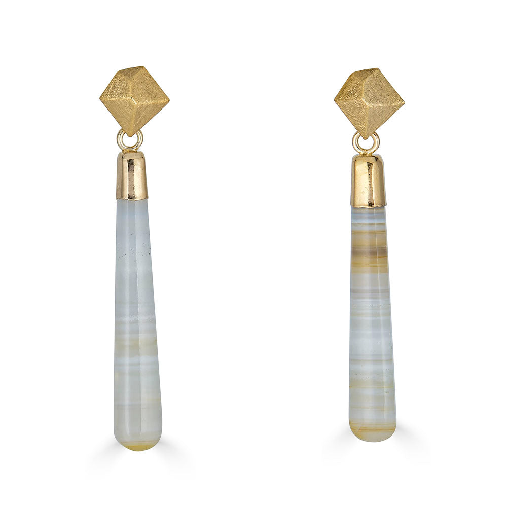 Lace agate drop earrings with faceted gold geometric posts and tapered banded stone drops