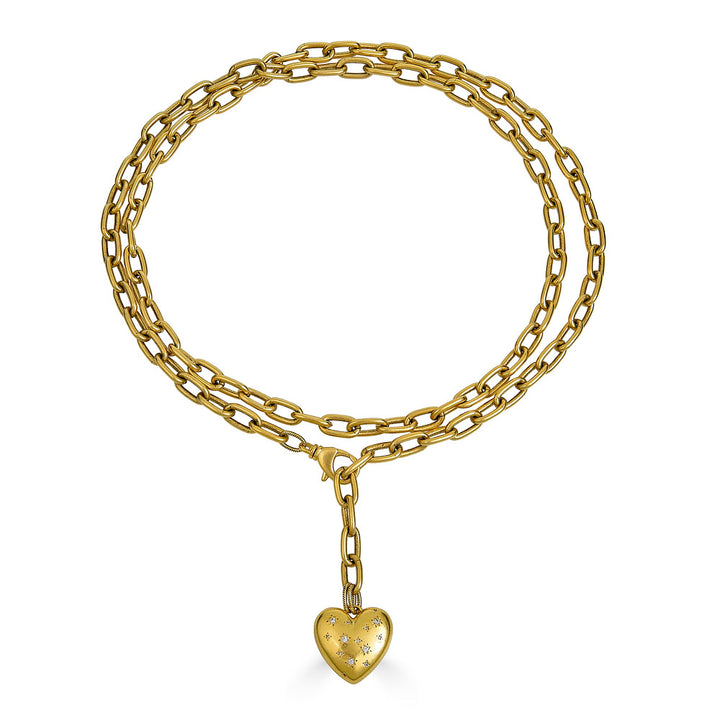 Long Heart Necklace with gold chain and heart charm, shown doubled and wrapped, handmade by Loni Paul Jewelry.