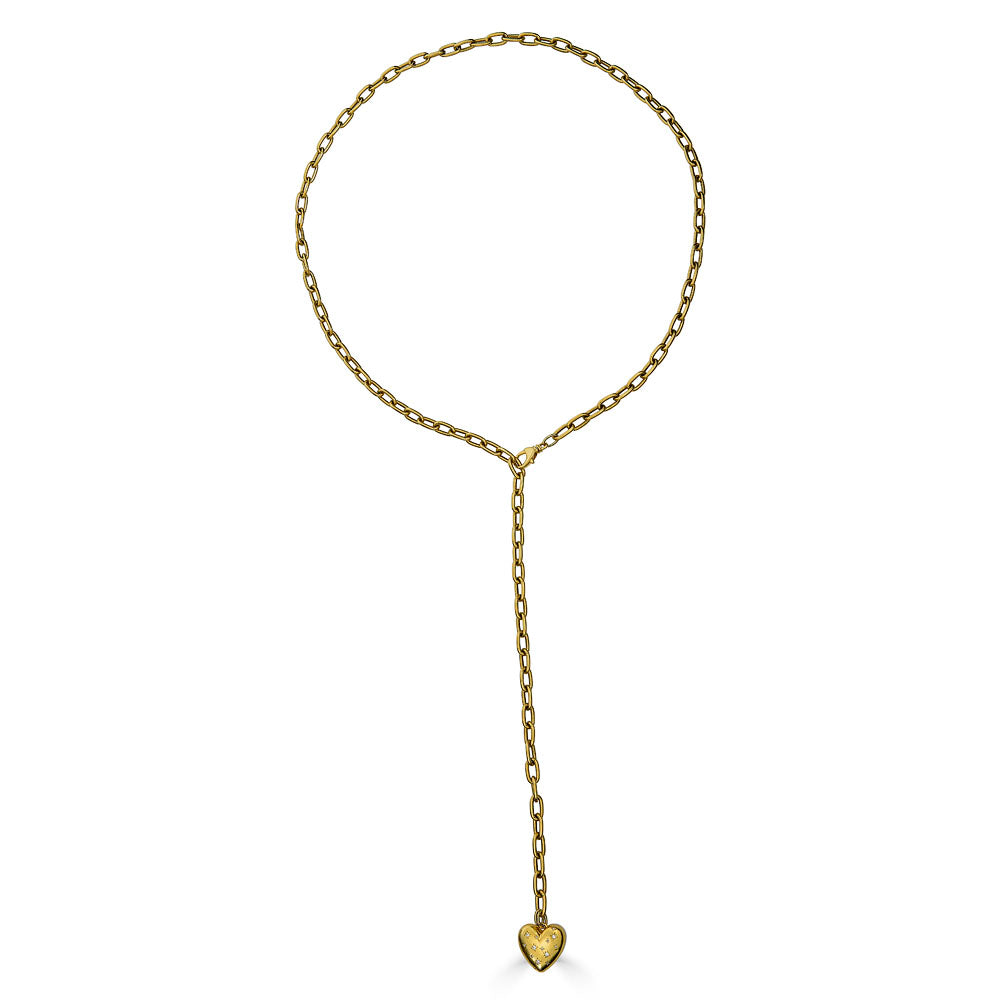 Gold  Long Heart Necklace worn Y-style with dangling heart charm, designed for multi-way styling.