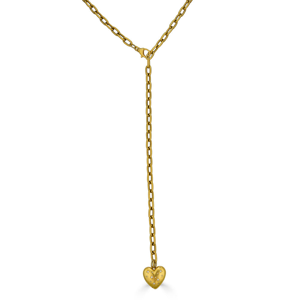 Gold Long Heart Necklace worn Y-style with dangling heart charm, designed for multi-way styling.