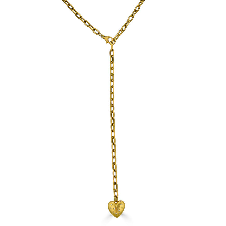 Gold Long Heart Necklace worn Y-style with dangling heart charm, designed for multi-way styling.