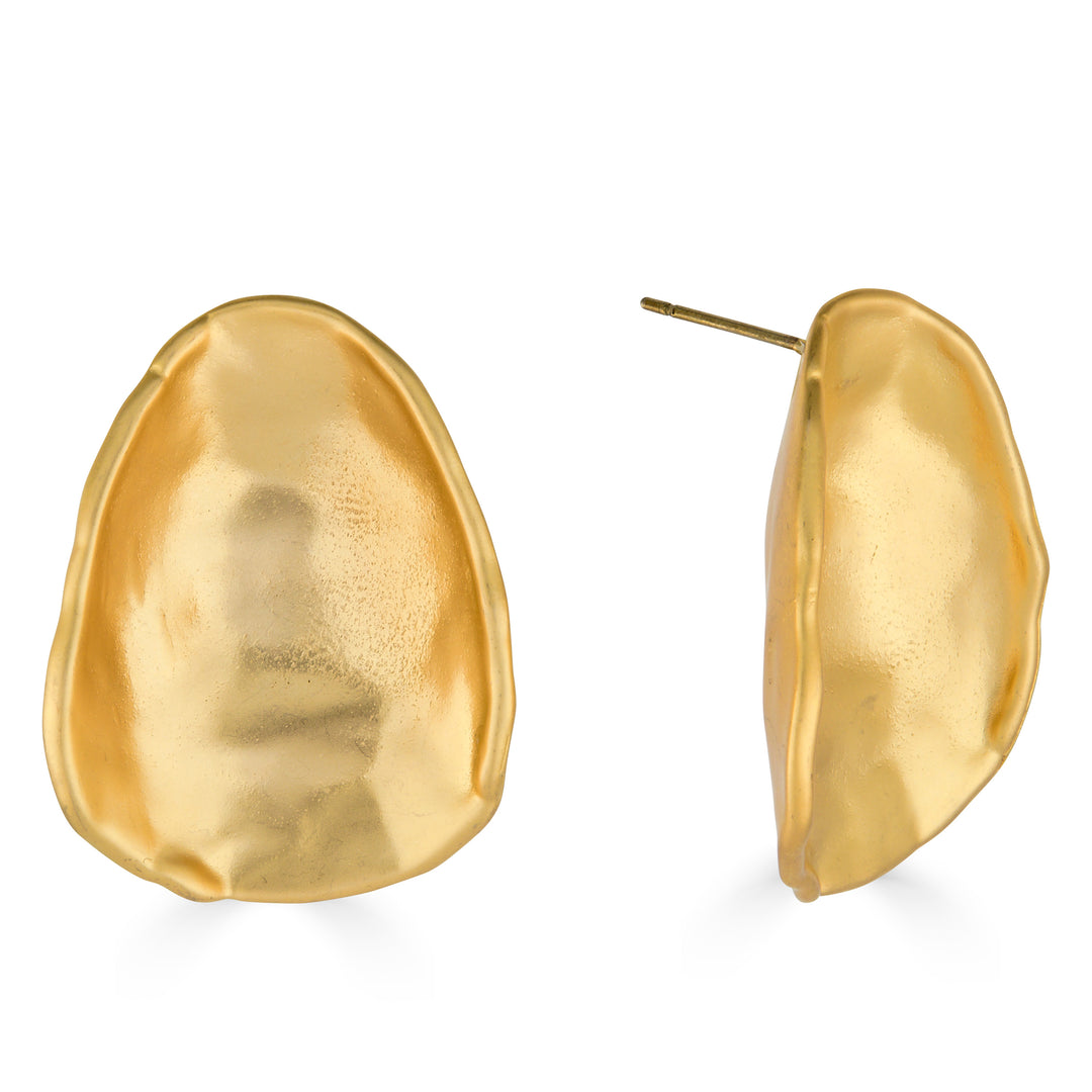 Matte gold sculptural scoop stud earrings with an organic curved shape and satin finish.