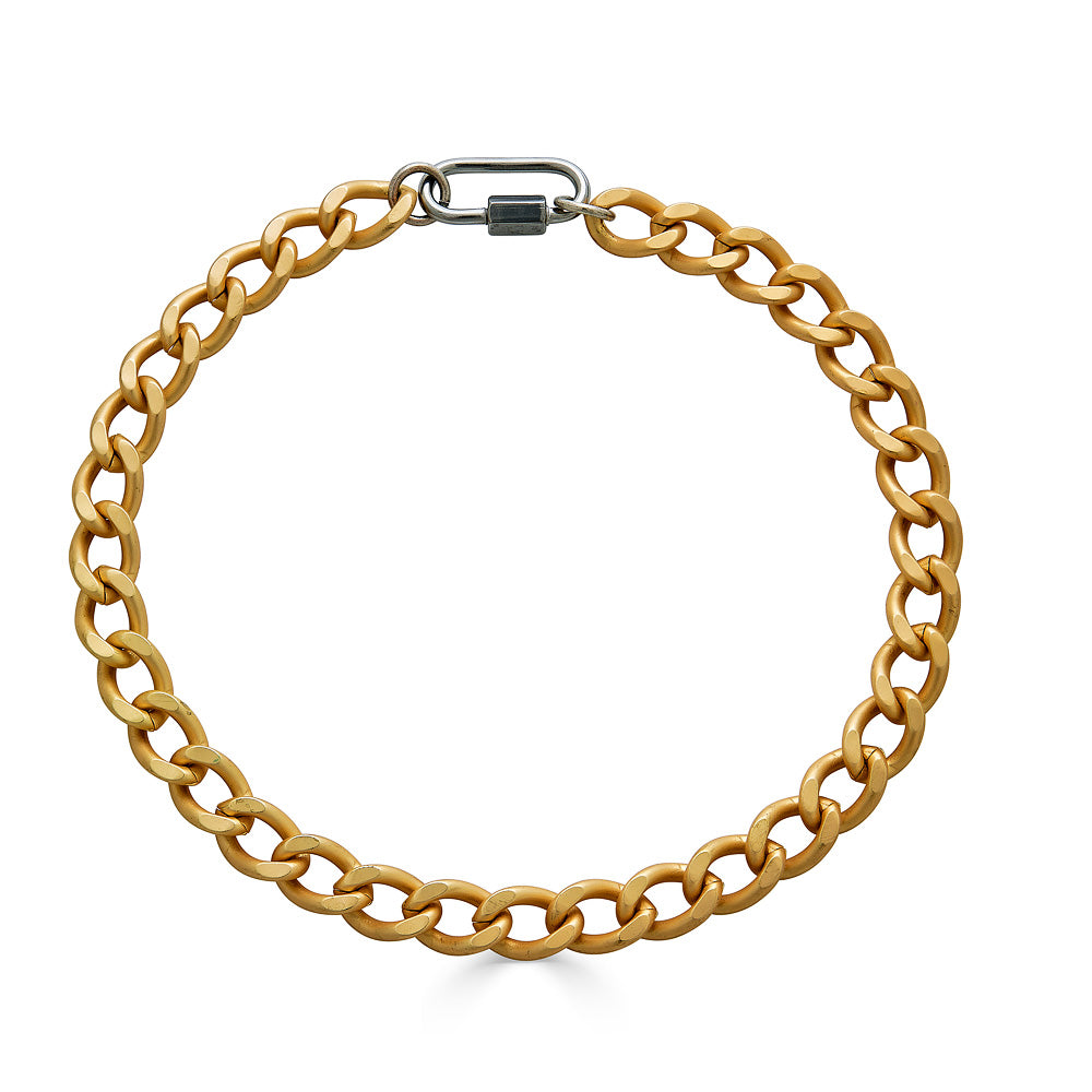 A chunky gold chainlink necklace with matte silver carabiner link.