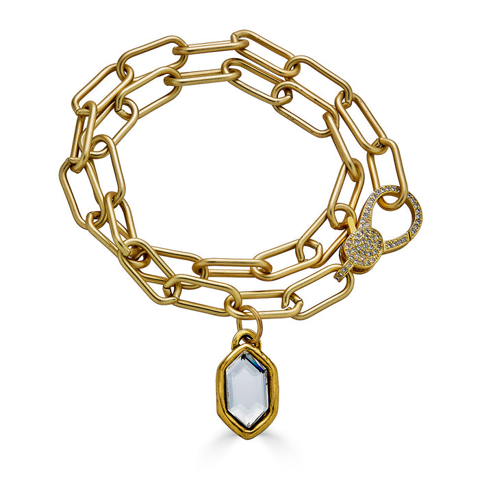 A double wrap matte gold paperclip chainlink bracelet with a marquis charm.