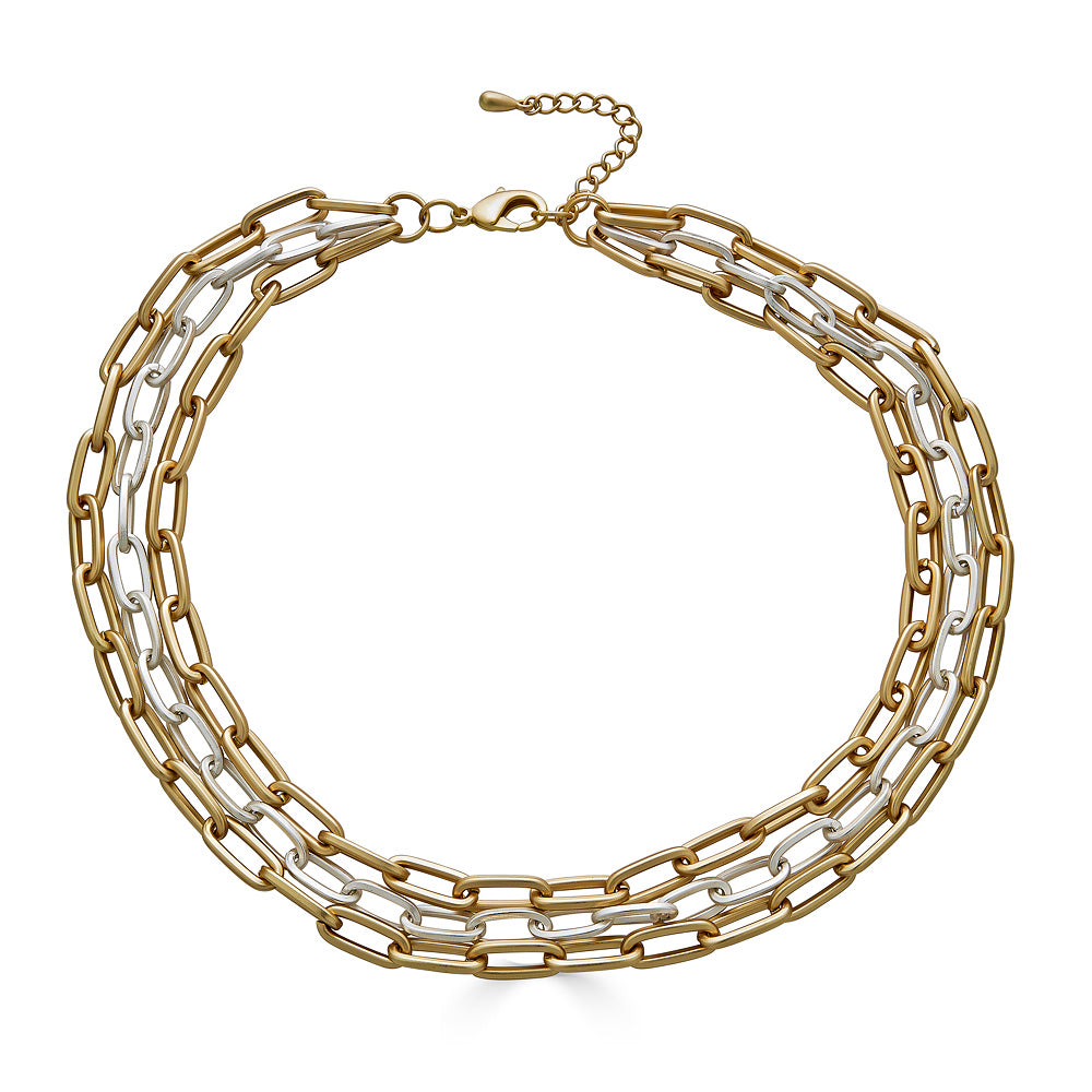 A three strand matte gold and silver paperclip necklace.