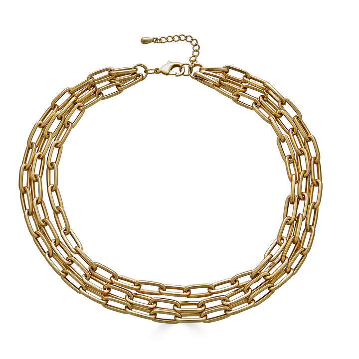 A three strand matte gold paperclip chain necklace.