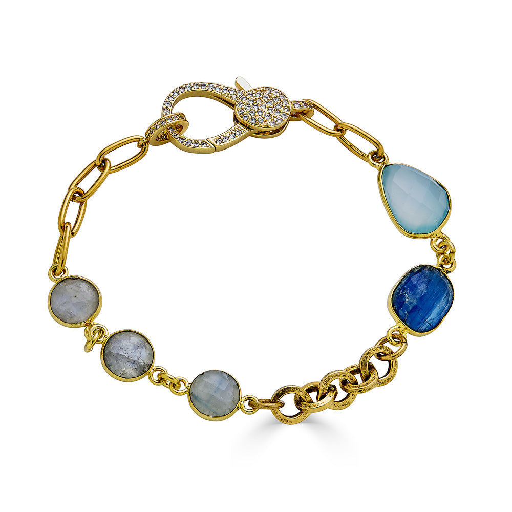 A mixed gemstone bracelet with kyanite, chalcedony and moonstone gems.