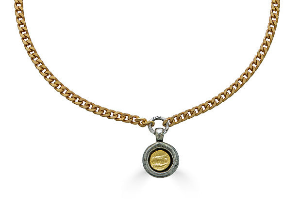 A gold chain Egyptian coin charm pendant necklace.