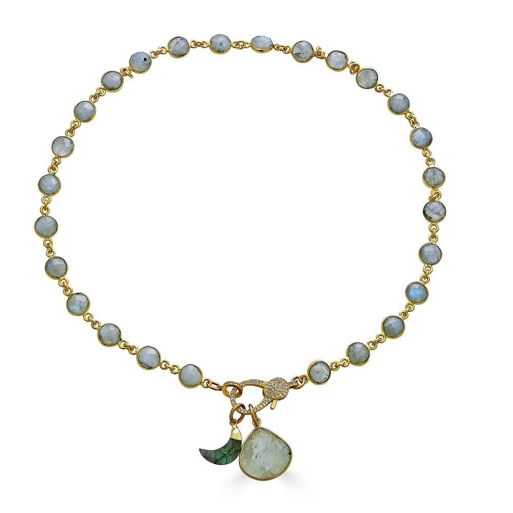 a moonstone necklace with labradorite moon