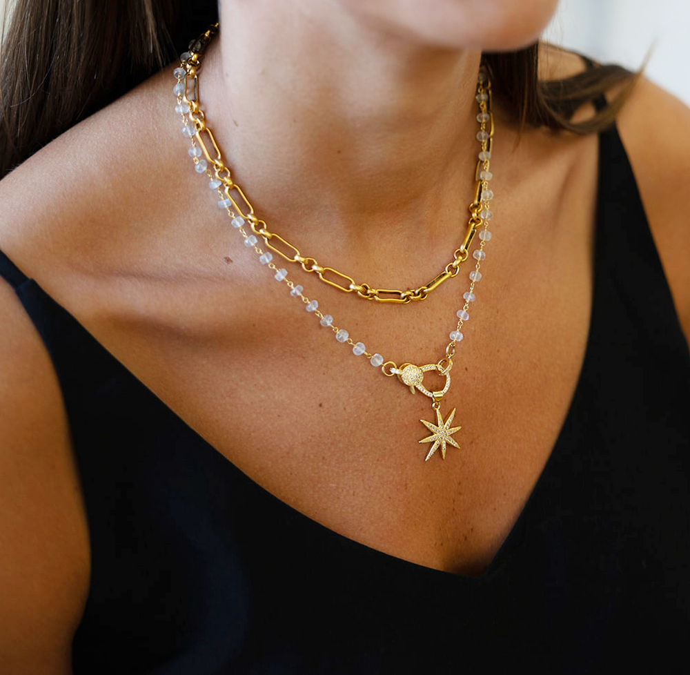 Moonstone necklace with pave star pendant