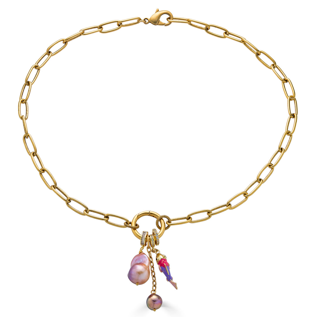 Gold chain necklace with freshwater pearl and colorful charm cluster pendant.