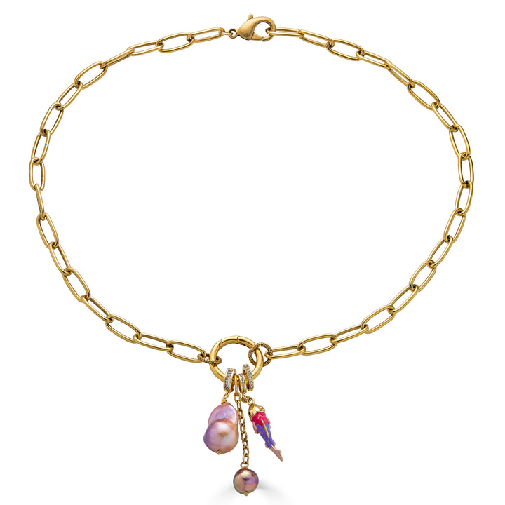 Gold chain necklace with freshwater pearl and colorful charm cluster pendant.
