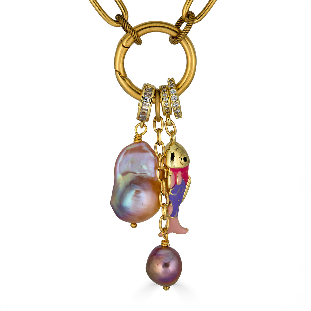 Gold chain necklace with freshwater pearl and colorful charm cluster pendant.