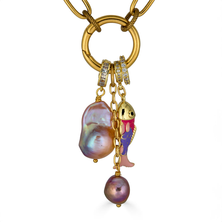 Gold chain necklace with freshwater pearl and colorful charm cluster pendant.