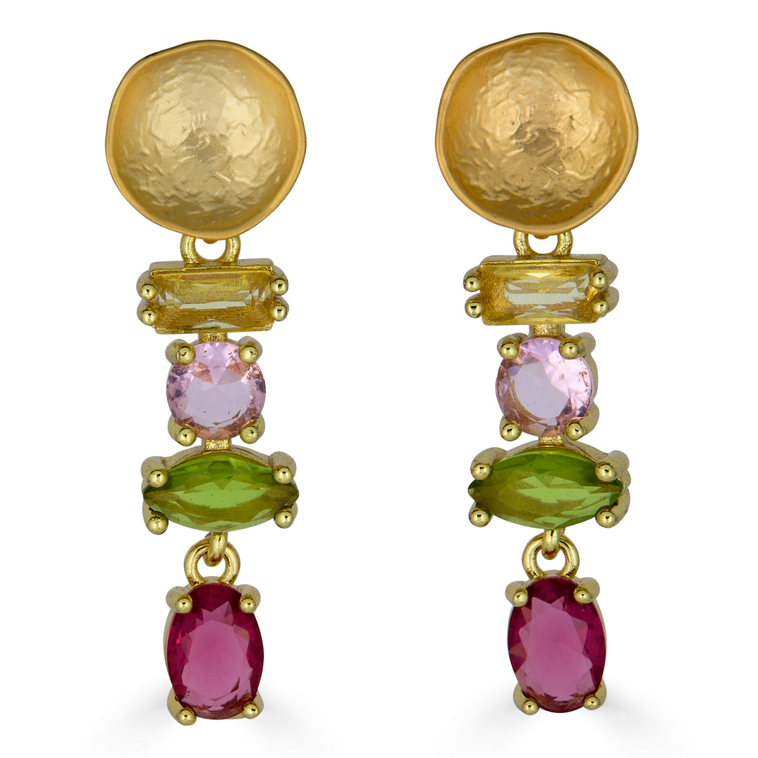 Pink and green multi gemstone drop earrings with hammered gold stud tops and faceted colorful stones.