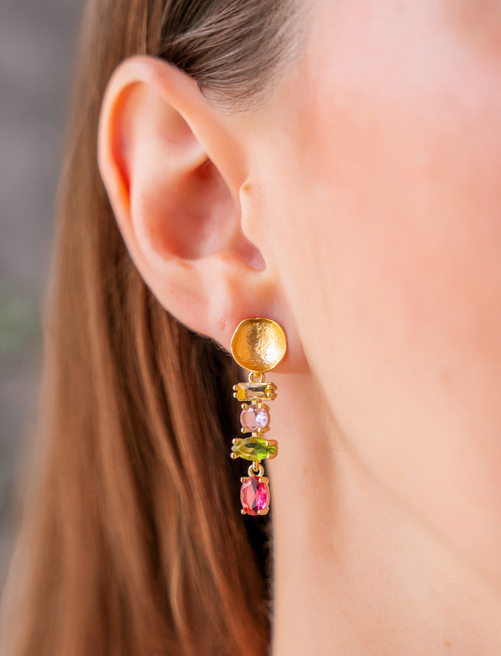 Pink and green multi gemstone drop earrings with hammered gold stud tops and faceted colorful stones.