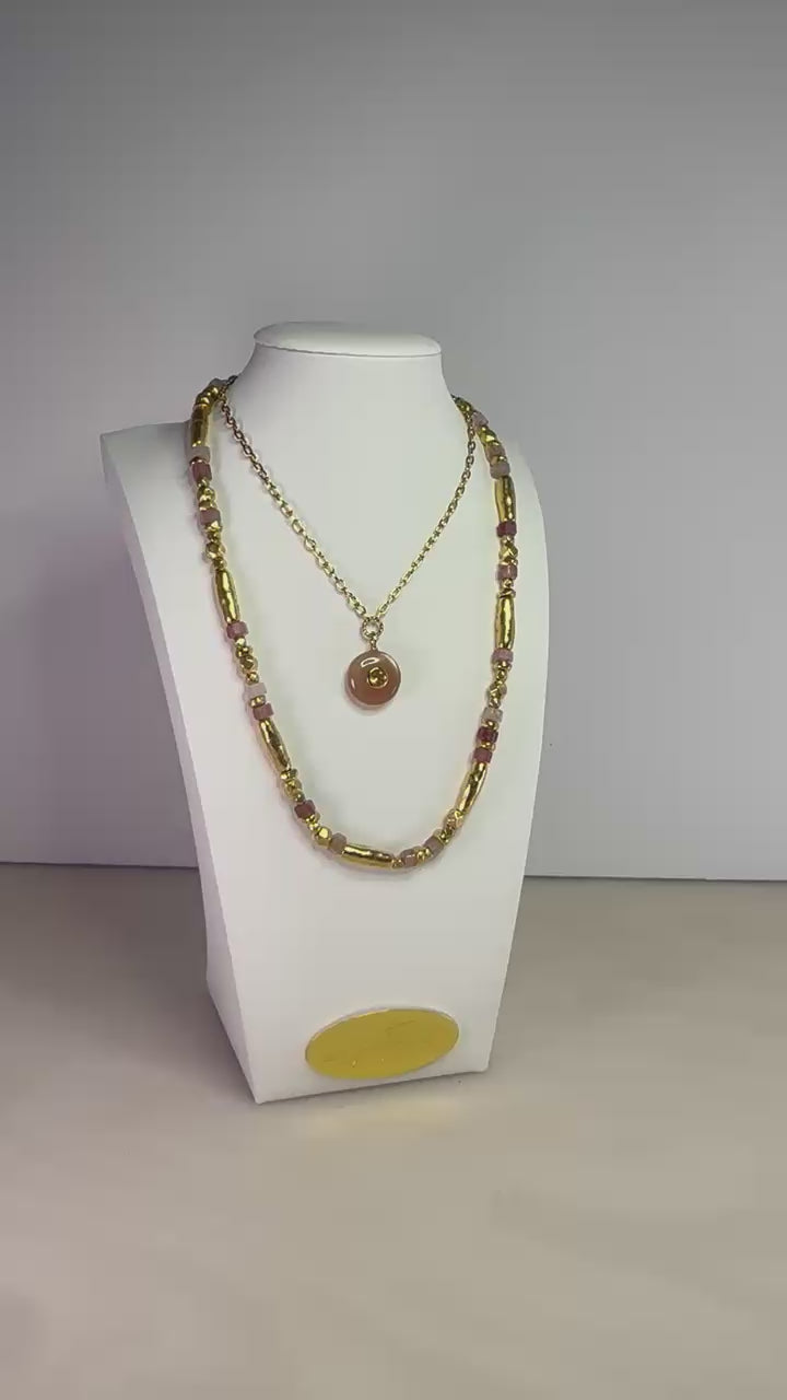 Pink Strawberry Quartz and Gold Bead Bracelet