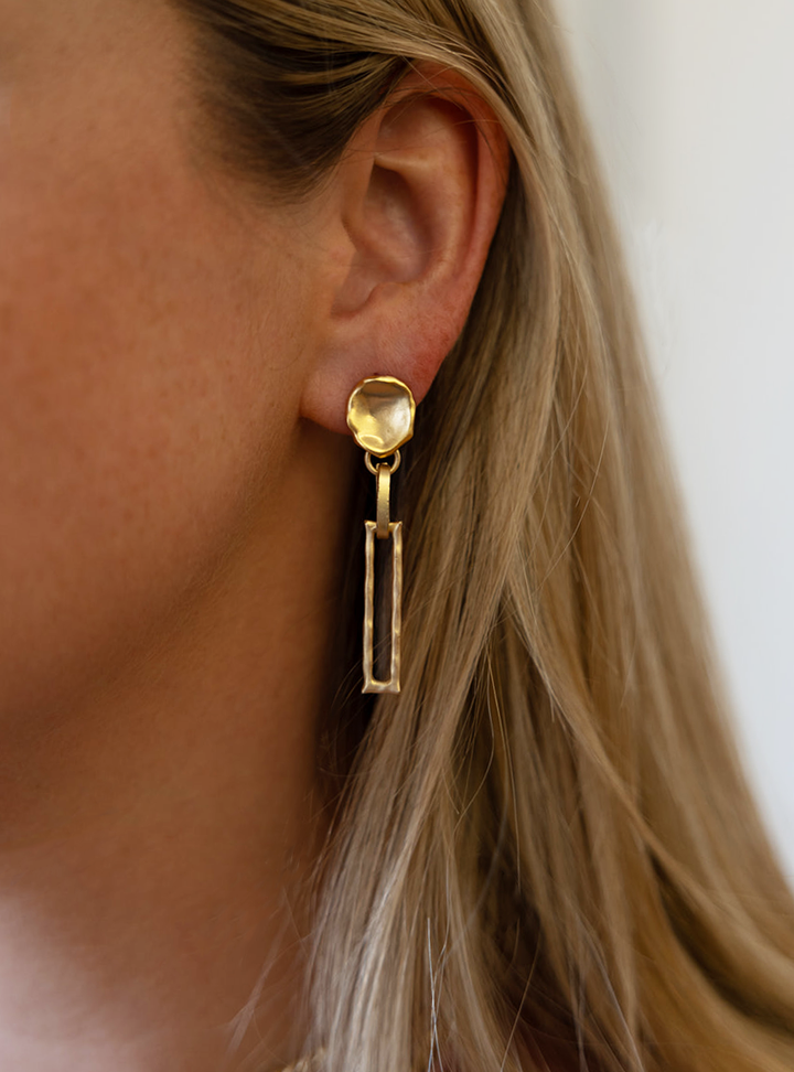 a textured rectangle link earring on a lotus leaf post