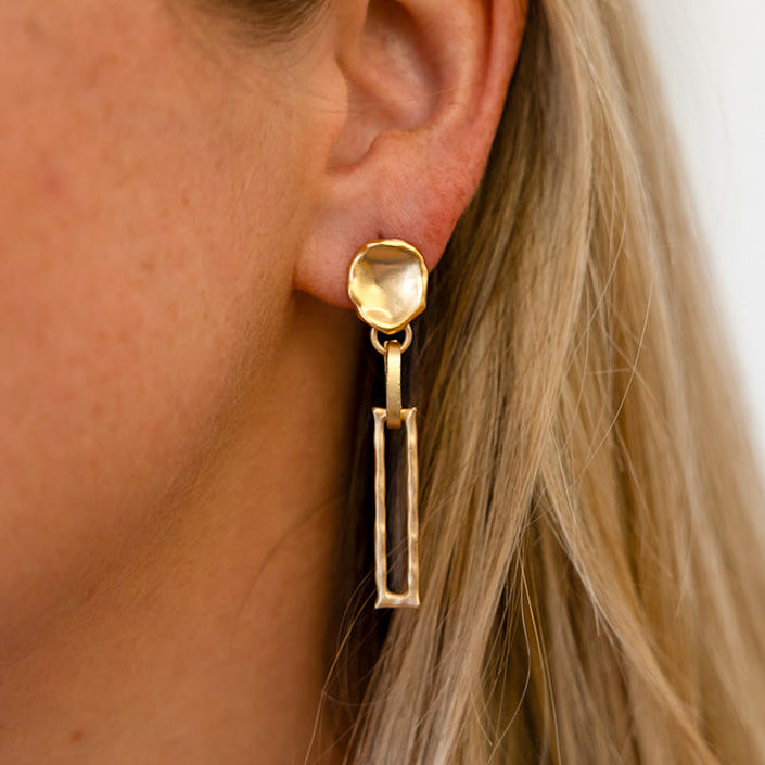 a textured rectangle link earring on a lotus leaf post