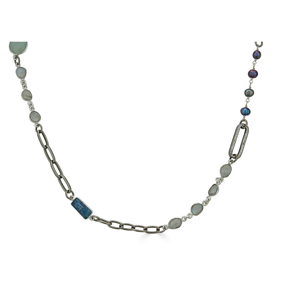 A silver mixed gemstone necklace with chalcedony, kyanite, moonstone and pearls.A chunky square link necklace.