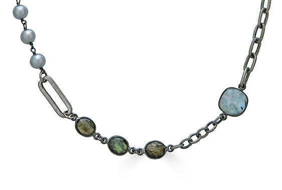 a mixed gemstone necklace with labradorite, pearls and moonstone
