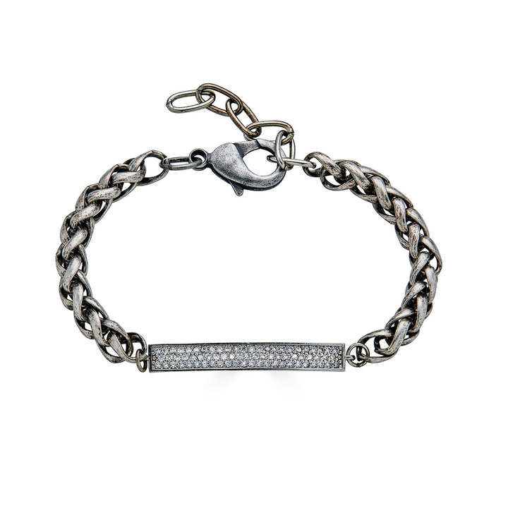 A silver chainlink bracelet with pave bar connector.