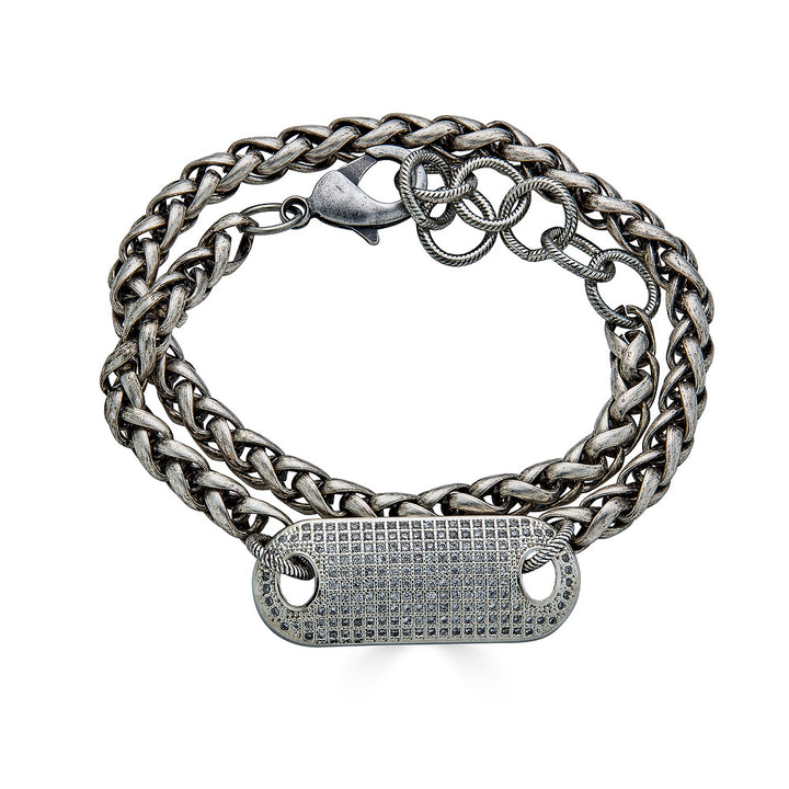 A double wrap silver chainlink bracelet with pave connector.