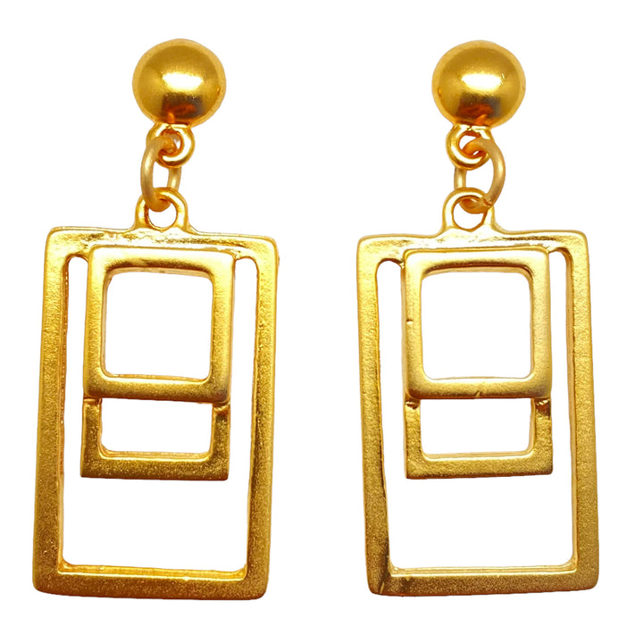 A nested rectangle matte gold post earring