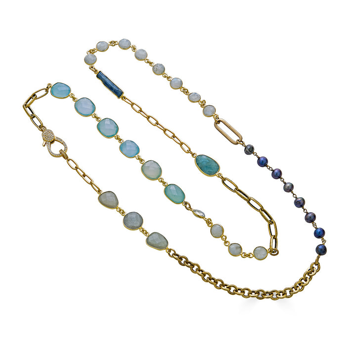 A long mixed gemstone necklace with moonstone, kyanite, aquamarine and pearls