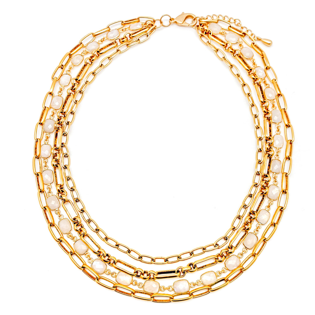 A gold multi strand necklace with moonstones