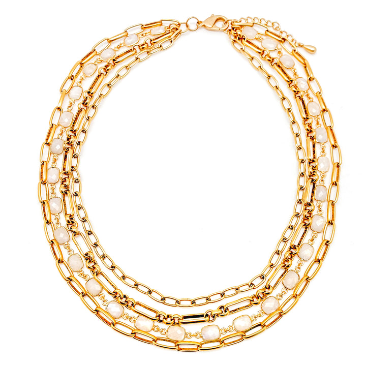 A gold multi strand necklace with moonstones