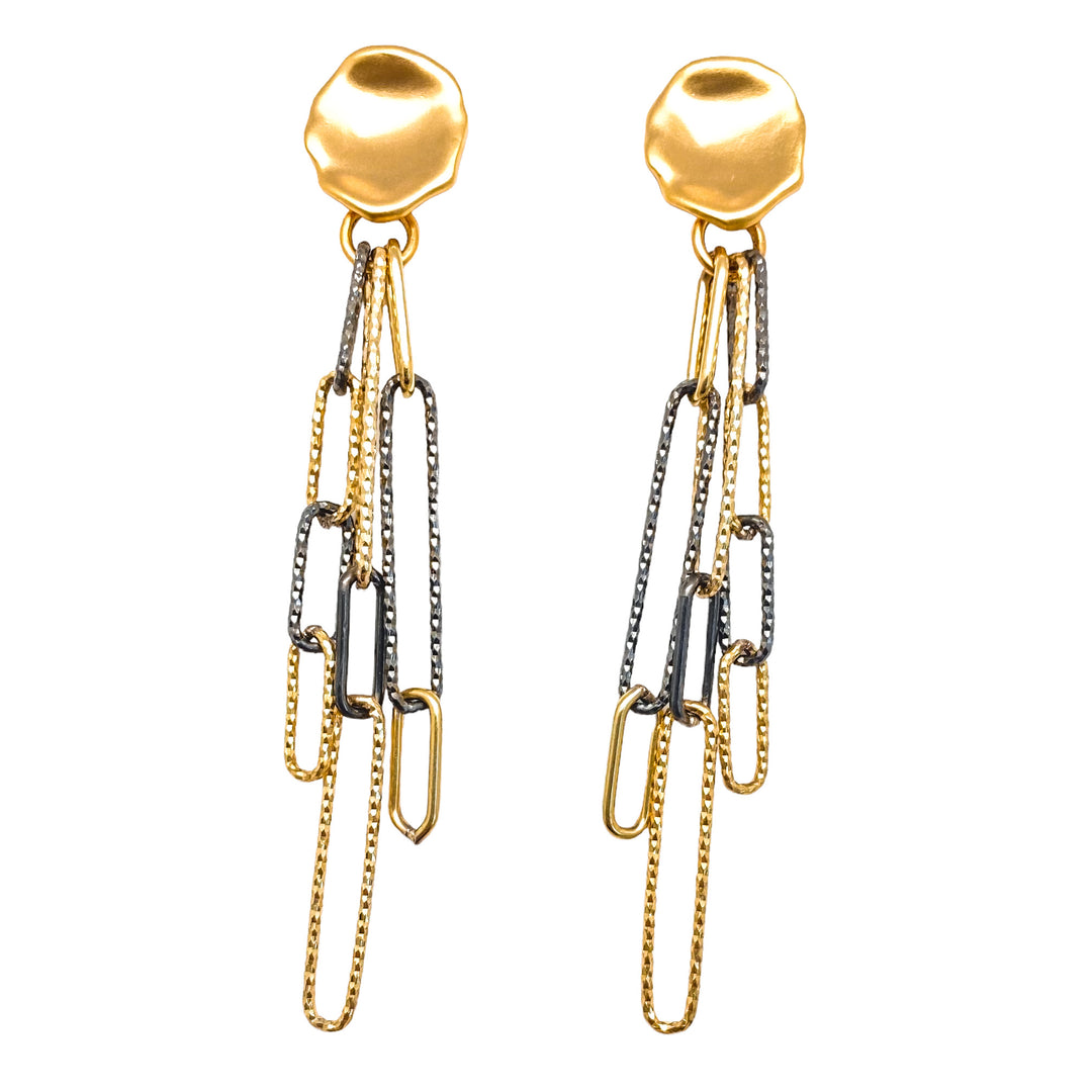 a rhodium and gold paperclip earring with a matte gold post earring