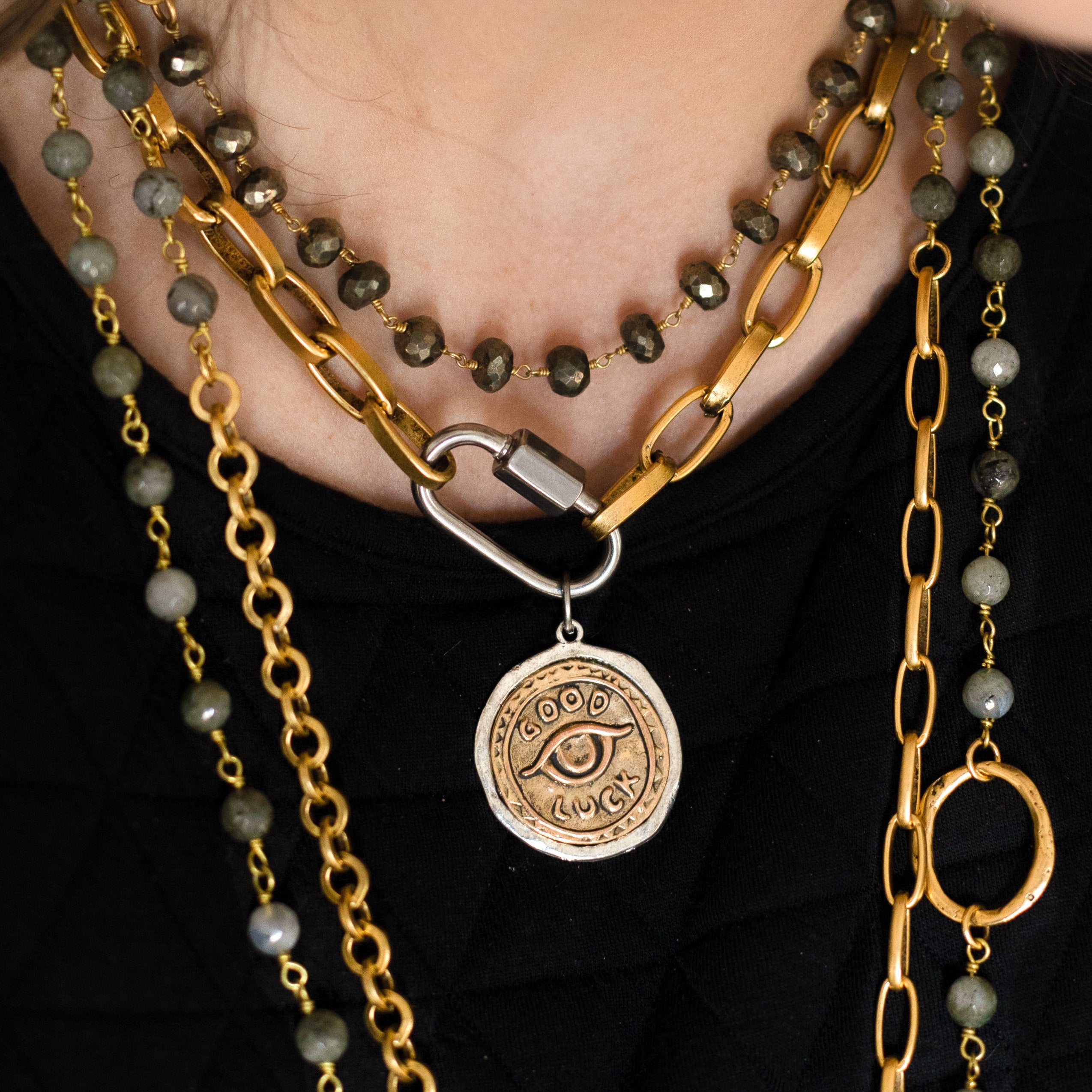 Thick Gold Paperclip Necklace with Silver Carabiner and Mixed