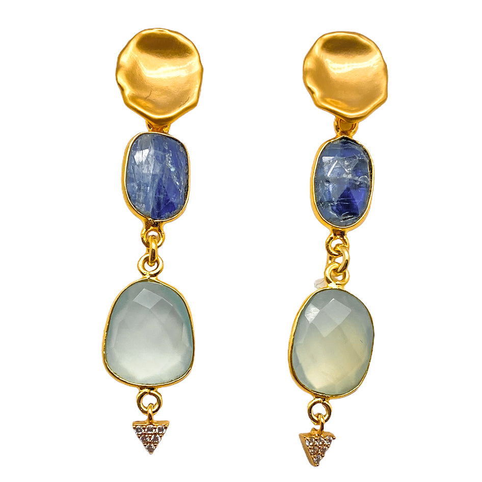 a pair of earring with bezel set kyanite and aquamarine stones on a lotus leaf post