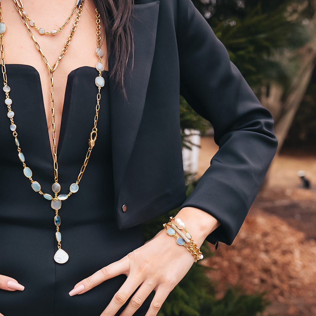 Gold Lariat with Kyanite, Moonstone and Chalcedony