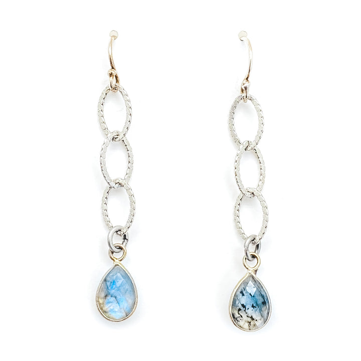 A pair of labradorite teardrop oval chain drop earrings.