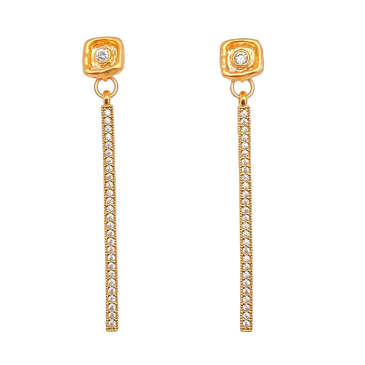 A gold post dangle earring with a long bar of high quality CZ stones.