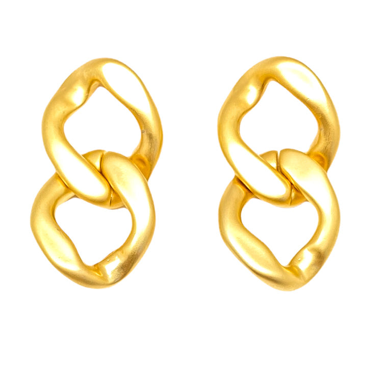 A pair of matte gold large chain link post earrings.