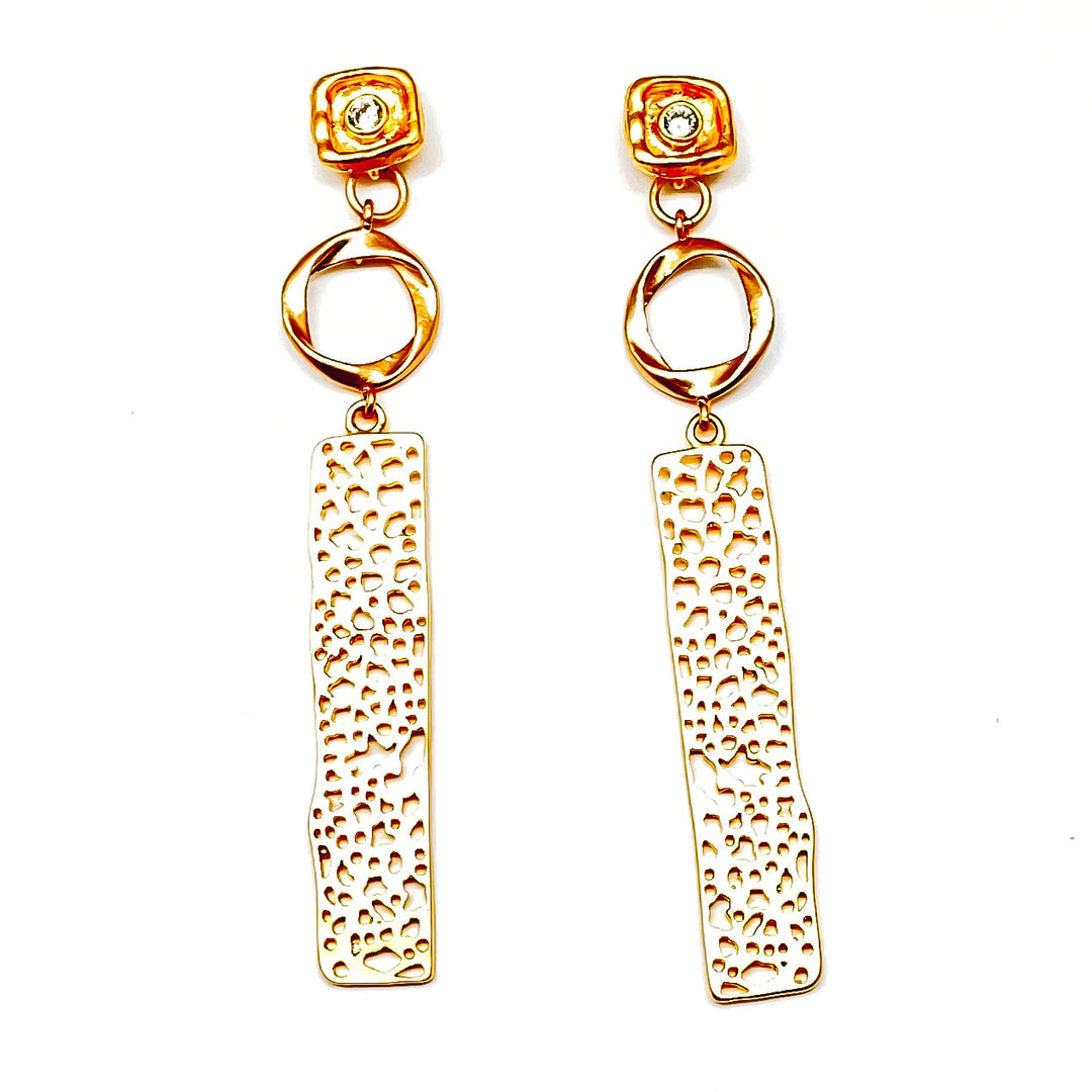A pair of matte gold rectangle lace drop earrings with circle connectors and square crystal posts.