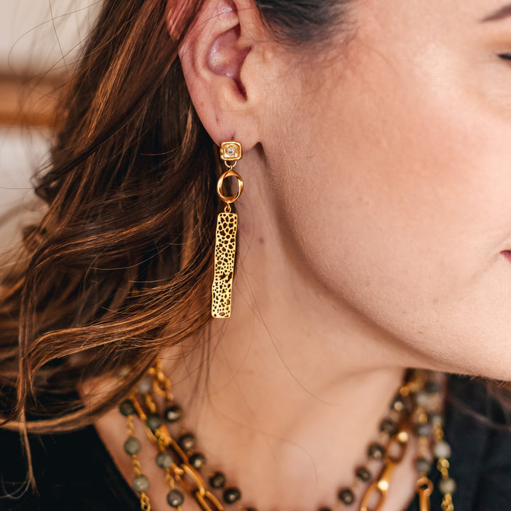 A model wearing a matte gold rectangle lace drop earring with circle connectors and square crystal posts.