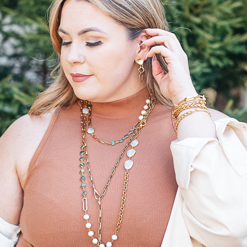 A model wearing Mixed Gemstone Necklace with Labradorite, Moonstone and Pearls